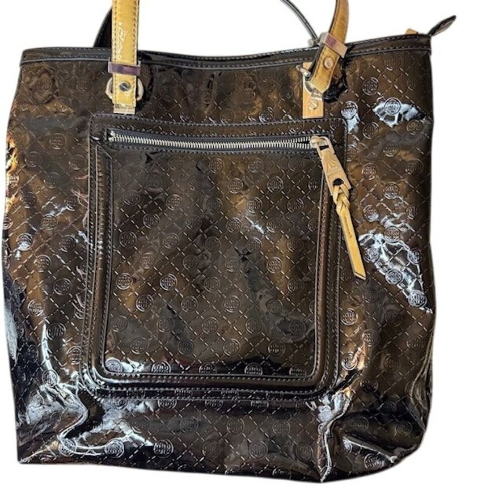 Dana Buchman Black Patent Embossed Leather Tote Bag With Front Zipper Pocket & T